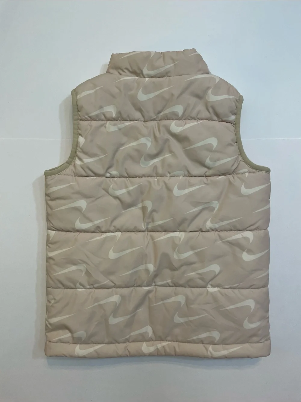Nike Beige Quilted Puffer Vest - Swoosh Pattern + Purple Logo - Girls Medium (6)